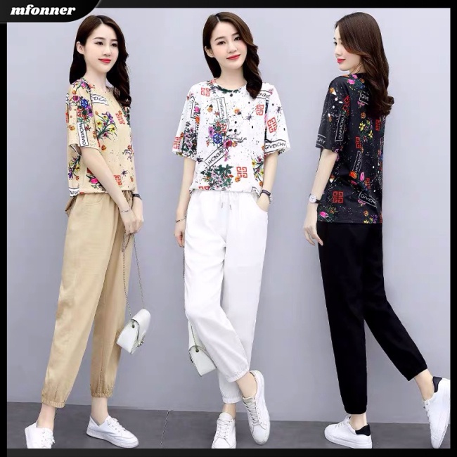 Set Đồ Thời Trang 2 Món Áo Thun Phối Quần Dài In Họa Tiết Thời Trang Xinh Xắn Cho Nữ