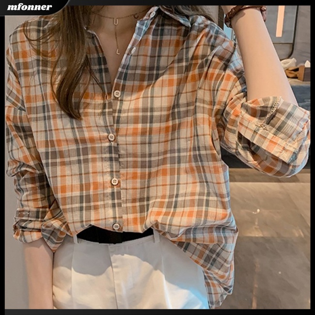 Áo Khoác Sơ Mi Caro Tay Dài Dáng Rộng Thời Trang Thu Đông Cho Nữ