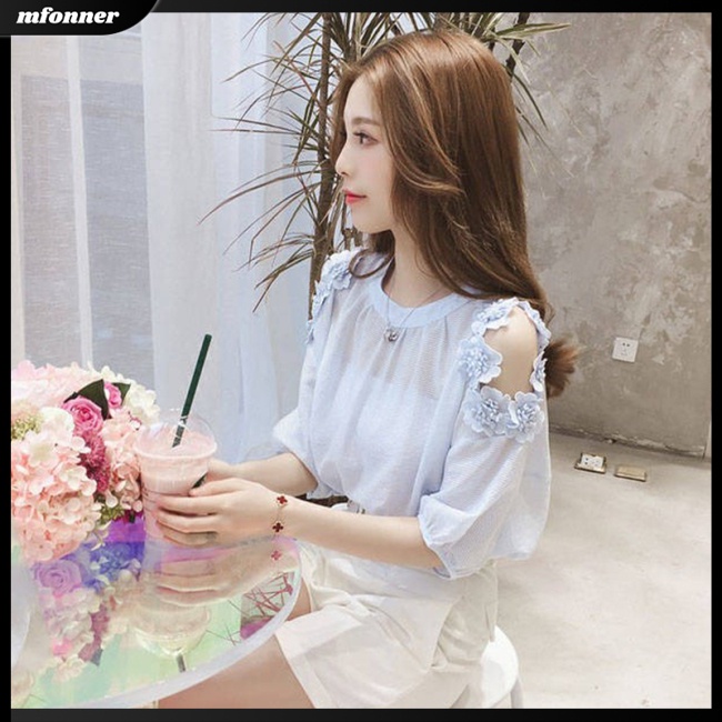 Áo Sơ Mi Chiffon Tay Ngắn Phối Ren Hoa Màu Sắc Trơn Thời Trang Xuân Hè Dành Cho Nữ