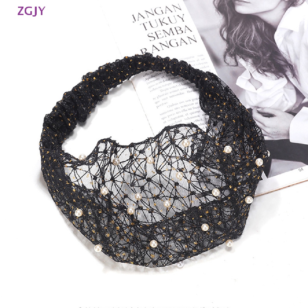 Băng Đô Cài Tóc Bản Rộng Phối Lưới Thoáng Khí Đính Ngọc Trai Nhân Tạo Mới