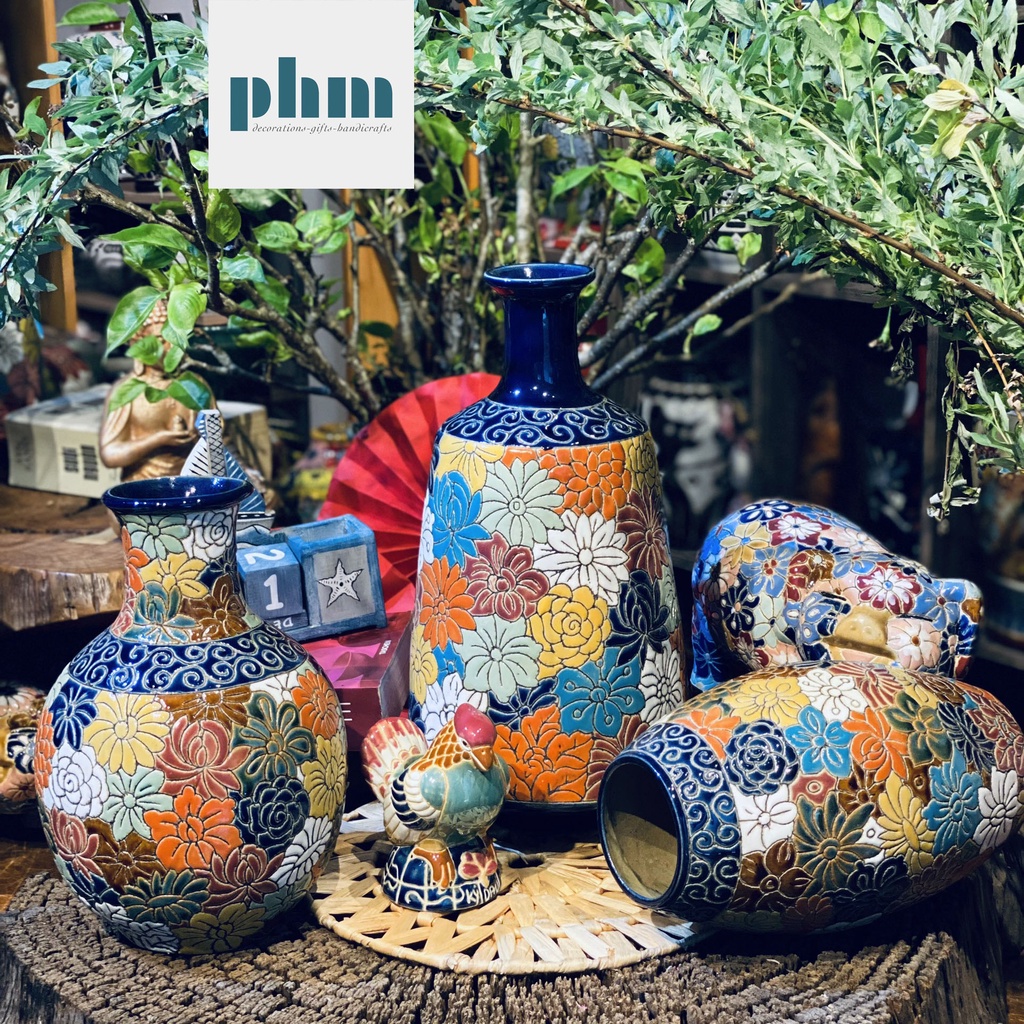 Bộ bình bách hoa men xanh dương xoắn ốc gốm Biên Hoà