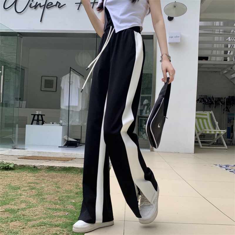 Quần Dài Lưng Cao Ống Rộng Xẻ Tà Màu Trắng Đen Phong Cách Retro