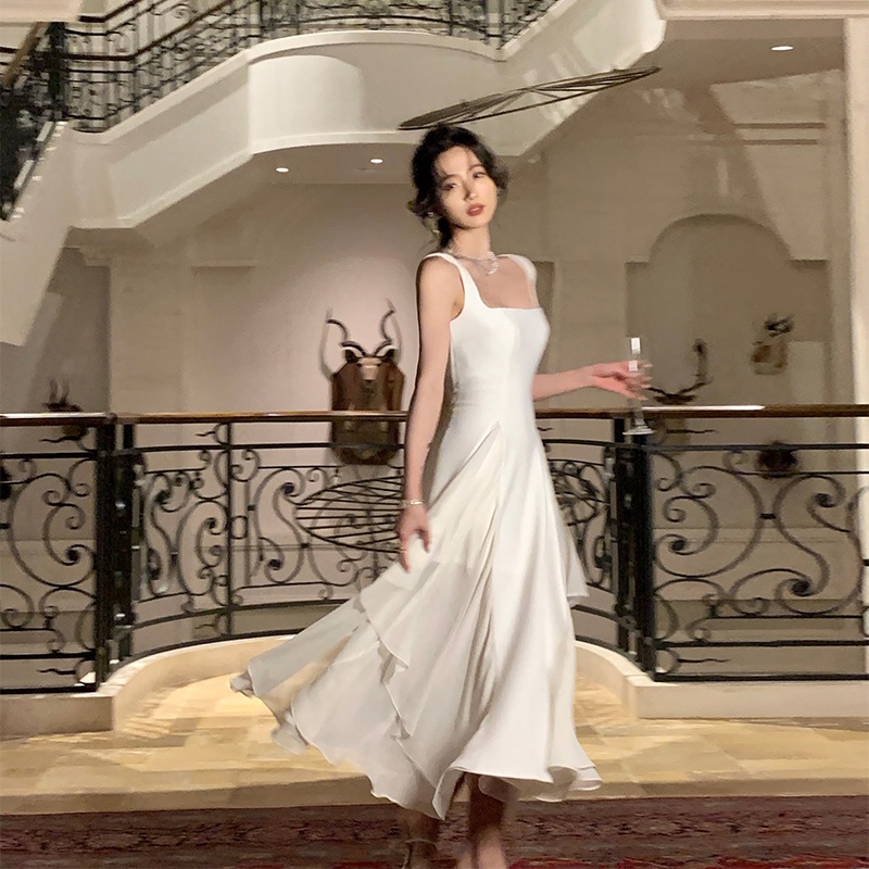 Đầm Hai Dây Mùa Hè 2023 Phong Cách Pháp Màu Trắng Thiết Kế Chất Lượng Cao Cho Nữ