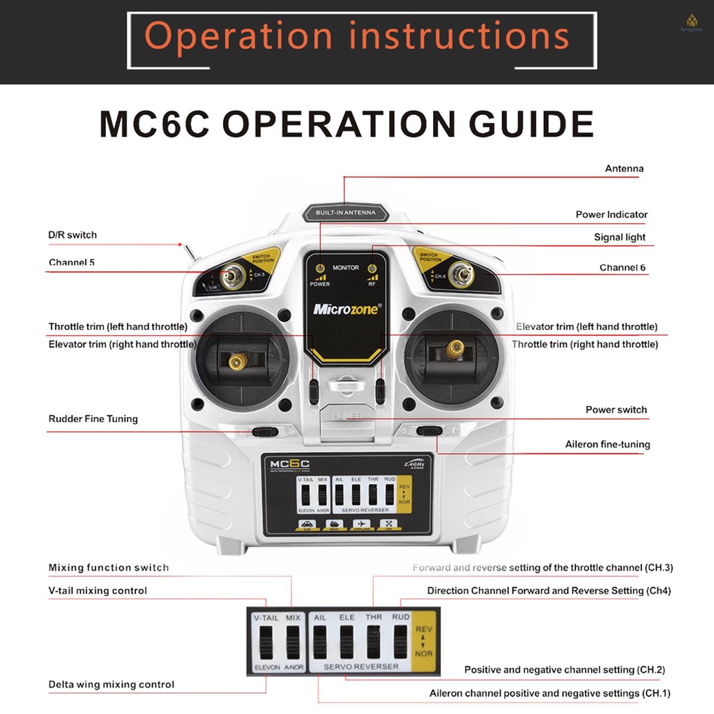 Hệ Thống Radio Điều Khiển Từ Xa MicroZone MC6C 2.4G 6CH MC7RB Cho SU27 RC Drone, Tàu Thuyền