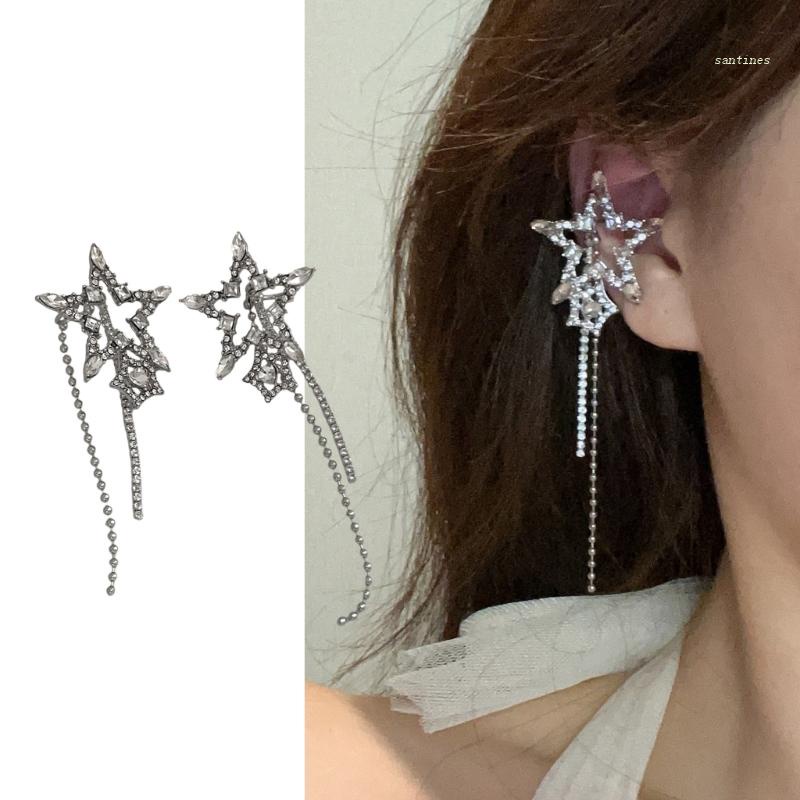 Bông Tai Dáng Dài Đính Đá Zircon Hình Ngôi Sao Phối Tua Rua Xinh Xắn