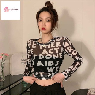 Áo Thun Tay Dài Chống Nắng Phối Lưới Mỏng Xuyên Thấu In Chữ Thời Trang Cho Nữ
