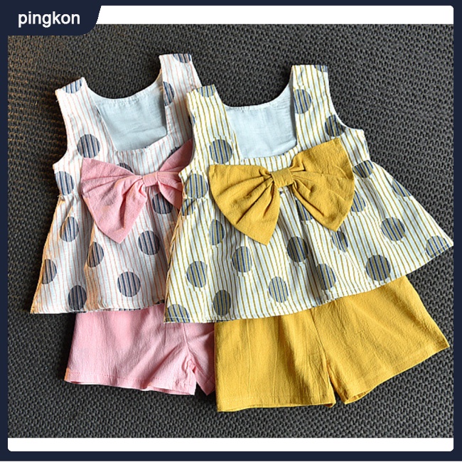 Set Đồ 2 Món Gồm Áo Thun Không Tay Chấm Bi + Quần Ngắn Cotton Cổ Tròn In Hoạt Hình Cho Bé Gái