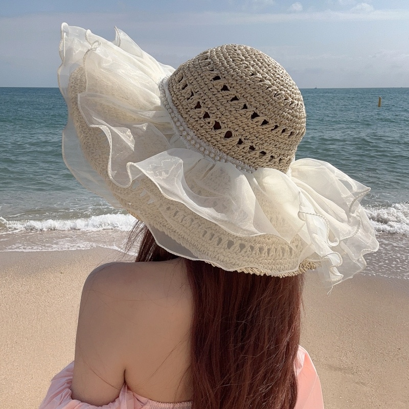 Mũ Cói Chống Nắng Đi Biển Mùa Hè Nhẹ Nhàng Phối Ren Cho Nữ