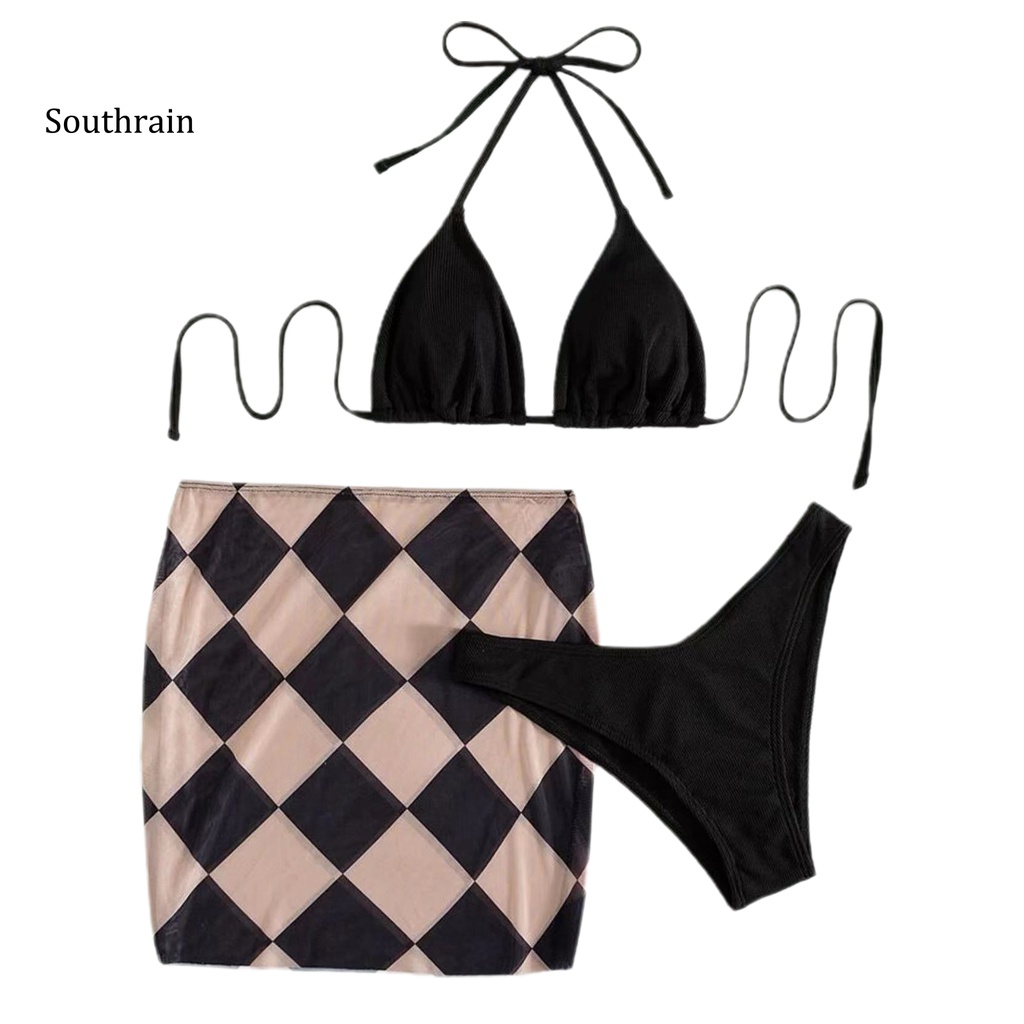Bộ 3 Món Đồ Bơi Bikini Dạng Váy Hai Dây Nâng Ngực Màu Sắc Trơn In Họa Tiết Hình Học Tùy Chỉnh Cho Nữ