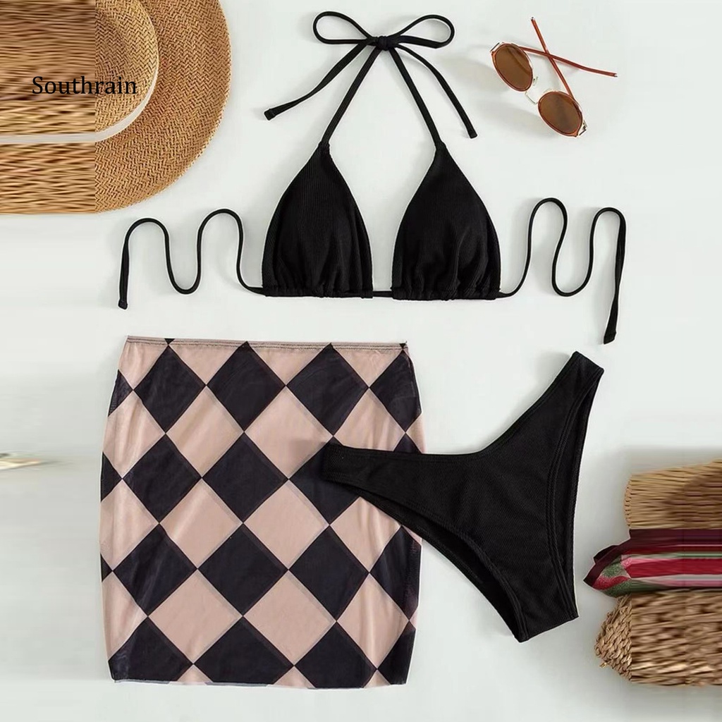 Bộ 3 Món Đồ Bơi Bikini Dạng Váy Hai Dây Nâng Ngực Màu Sắc Trơn In Họa Tiết Hình Học Tùy Chỉnh Cho Nữ