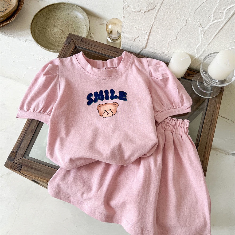 Bộ Áo Thun Tay Ngắn Kèm Chân Váy Họa Tiết Hoạt Hình Phong Cách Hàn Quốc Cho Bé Gái 80-130cm