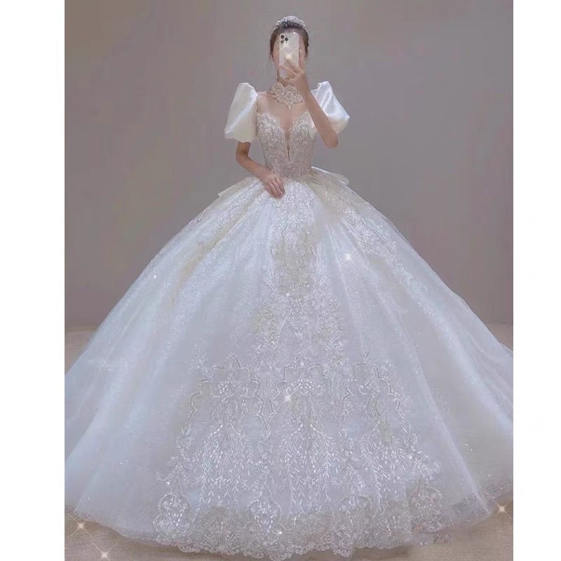 OFF WHITE Áo Cưới Vải Satin Tay Phồng Màu Trắng Đen Cho Cô Dâu