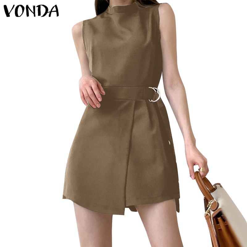Áo liền quần VONDA sát nách cổ tròn dáng chữ x màu trơn phong cách Hàn Quốc cho nữ