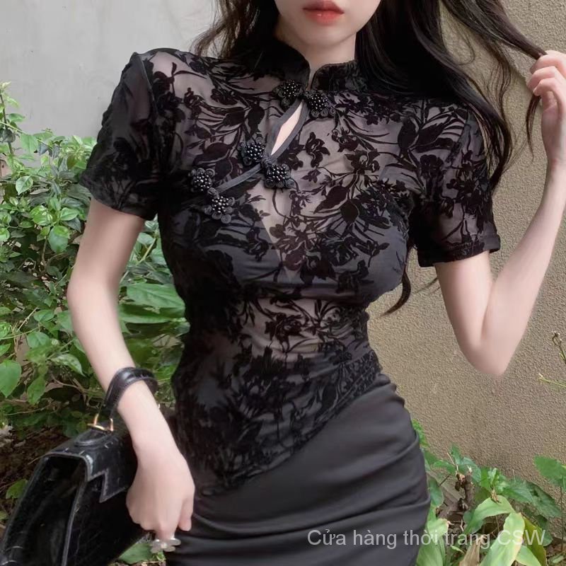 Áo Sơ Mi Tay Ngắn Cổ Đứng Ôm Dáng Phối Ren Rỗng Đính Nút Đĩa Màu Trơn Kiểu Trung Hoa Thời Trang Xuân Hè 2023