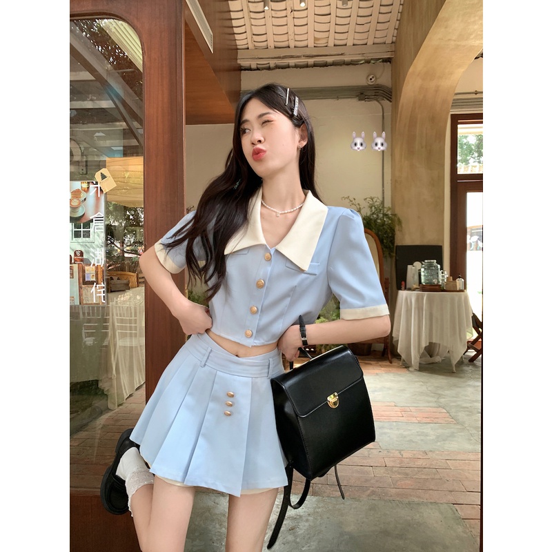 Set Áo Lửng Cổ Bẻ Dài Tay + Quần short Lưng Cao Thời Trang Nữ