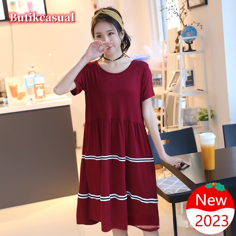 Đầm midi Cotton Modal Dáng Rộng Cổ Tròn Tay Ngắn Thoải Mái Thời Trang Mùa Hè 2023 Cho Nữ
