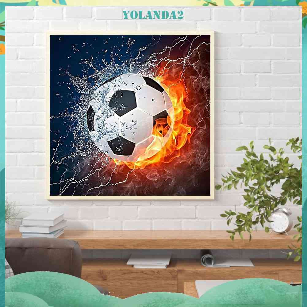 Tranh Đính Đá Kim Cương Toàn Diện Hình Vẽ Quả Bóng Đá Và Lửa Trang Trí Tường Nhà