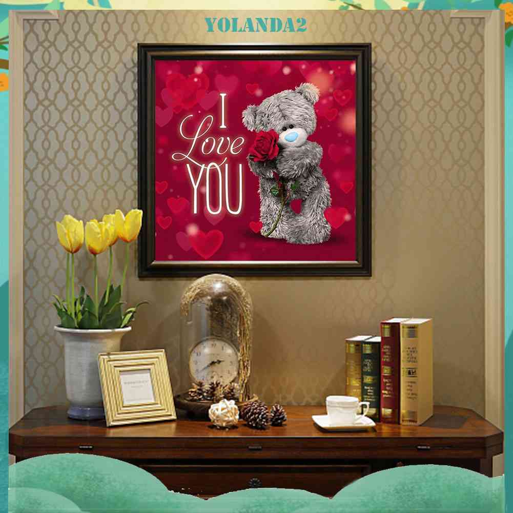 Tranh Đính Đá Kim Cương Toàn Bộ 5D DIY Hình Vẽ Gấu Hoa Hồng