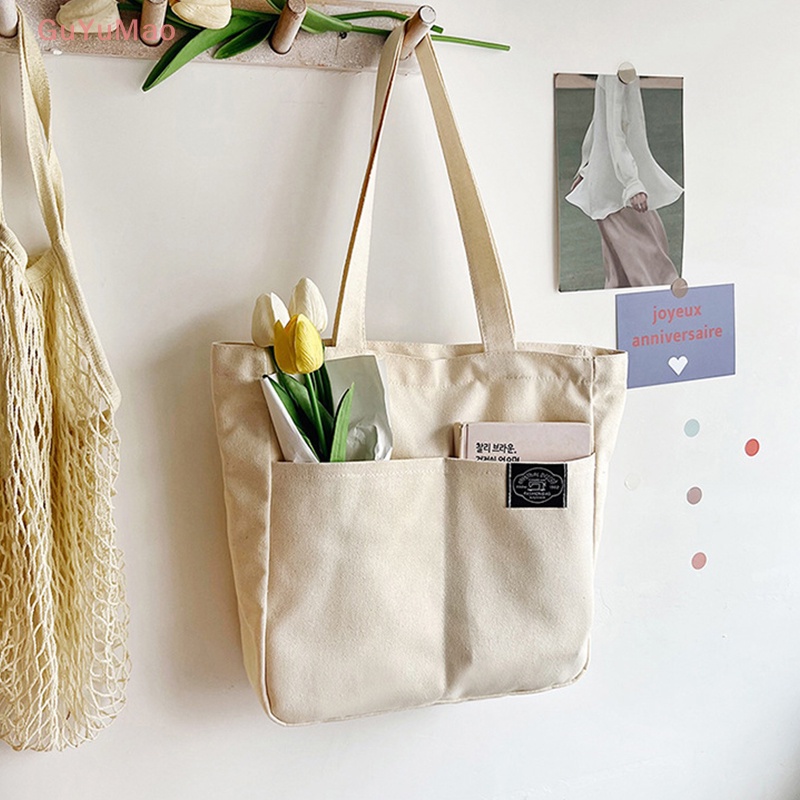 [cxGUYU] Túi Tote Xách Tay Đeo Vai Bằng Vải Bạt Cotton Sức Chứa Lớn Màu Trơn Tái Sử Dụng Được Cho Nữ PRTA