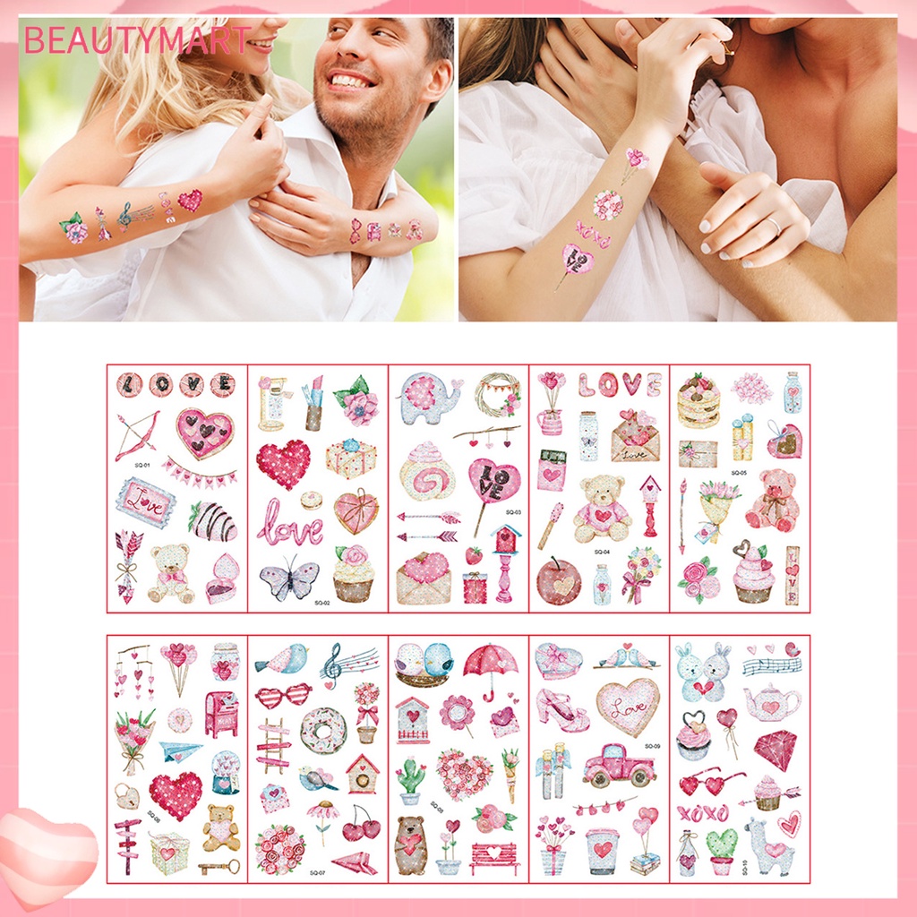 Bộ 10 Miếng Dán Hình Xăm Nhiều Màu Sắc Lấp Lánh Chống Thấm Nước Tự Dính Trang Trí Ngày Valentine Thời Trang