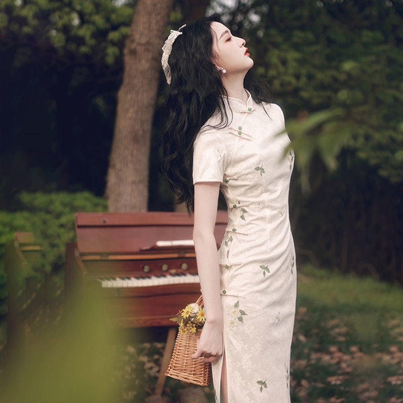 Sườn Xám Cách Tân Ngắn Tay In Hoa Thời Trang Mùa Hè Phong Cách Trung Hoa