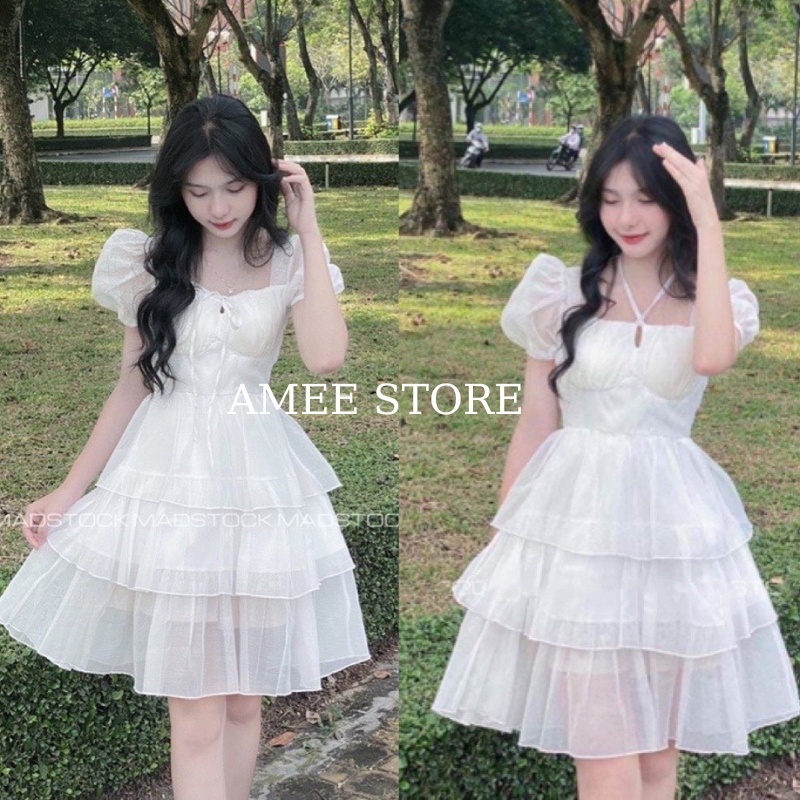 Váy babydoll công chúa dáng xòe 3 tầng cổ vuông tay bồng thắt dây - đầm dự tiệc đi chơi sang trọng màu trắng, AMEE
