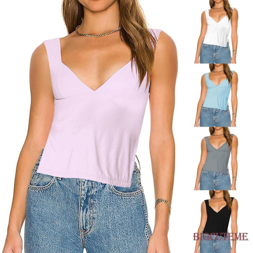 Áo Tank Top Không Tay Cổ Chữ V Hở Lưng Màu Trơn Thời Trang Mùa Hè Dành Cho Nữ
