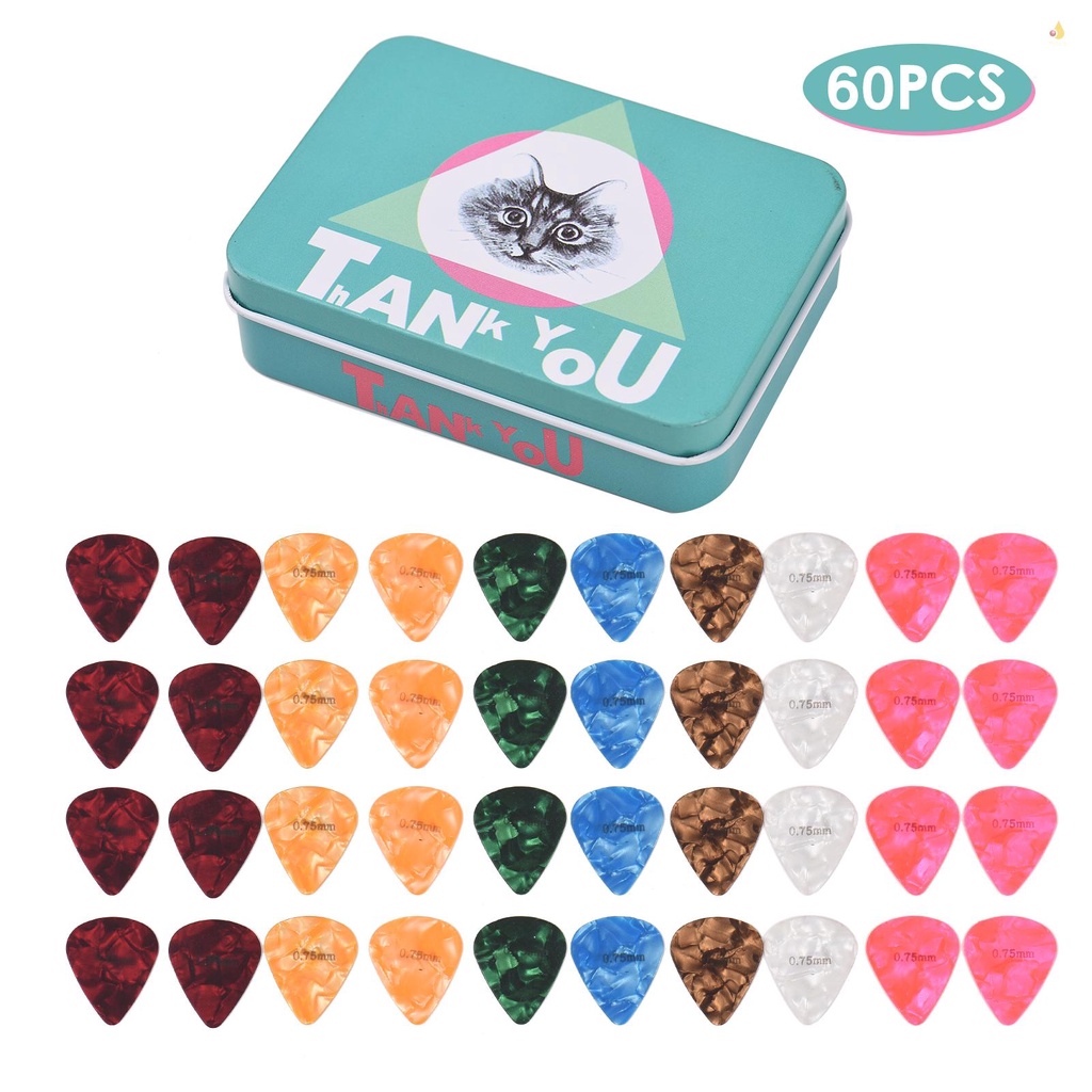 Bộ 60 Miếng Gảy Đàn Guitar Celluloid Có Hộp Đựng Bằng Kim Loại Dành Cho Đàn Guitar Bass / Điện / Guitar Cổ Điển 0.