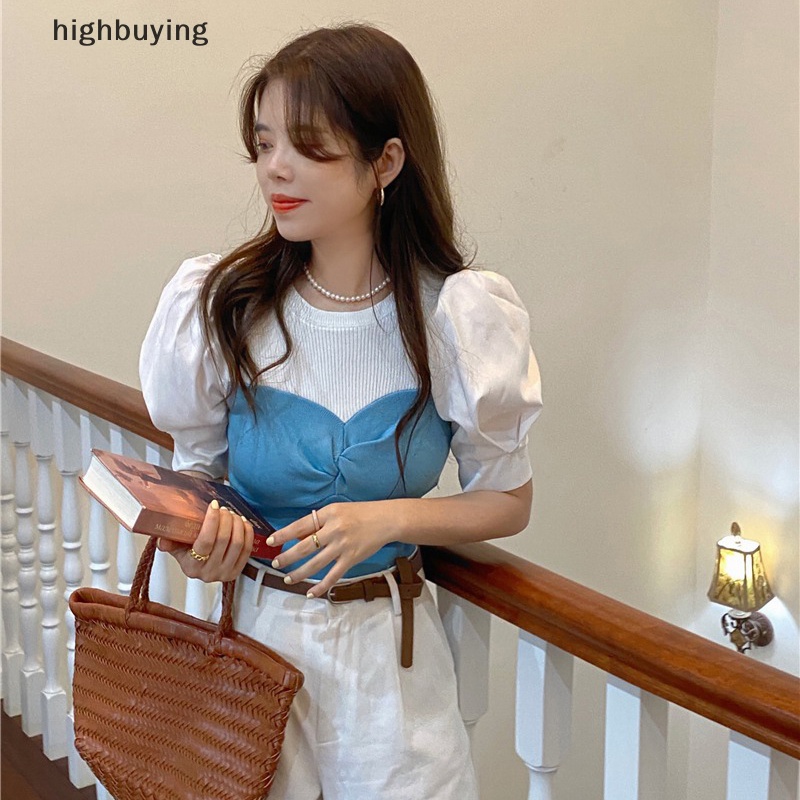 Hbvn Belle Áo Thun Giả Hai Lớp Tay Ngắn Phồng Ôm Dáng Phong Cách Retro Mùa Hè Cho Nữ