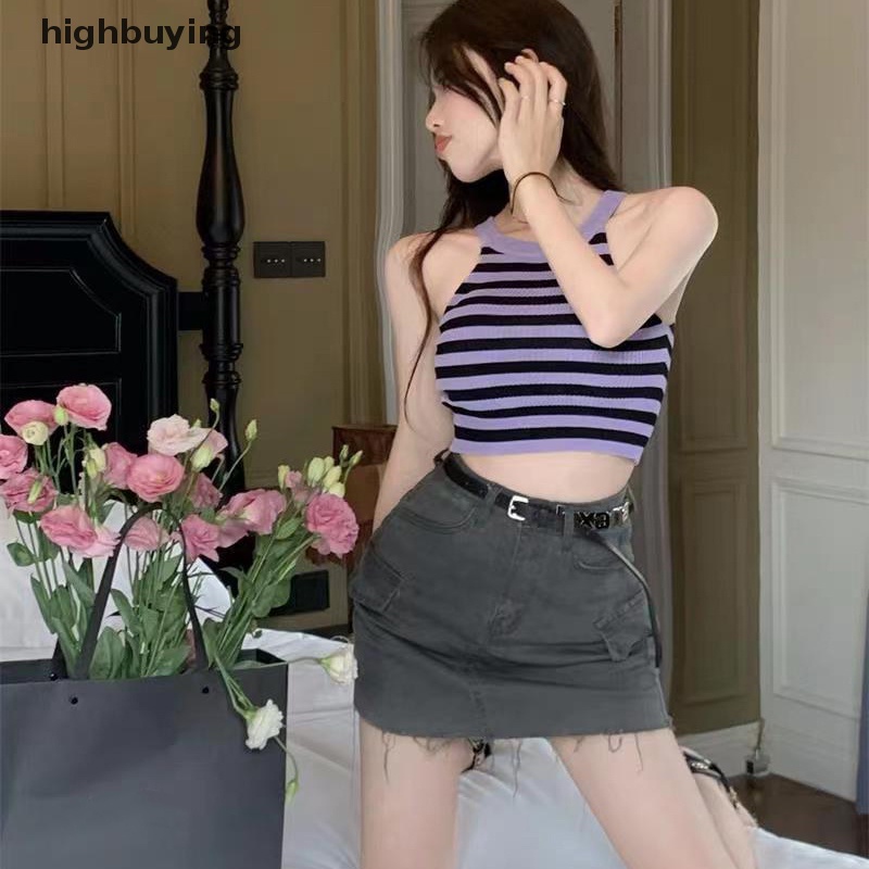 Áo Hai Dây Dệt Kim Họa Tiết Kẻ Sọc Vintage Quyến Rũ Cho Nữ