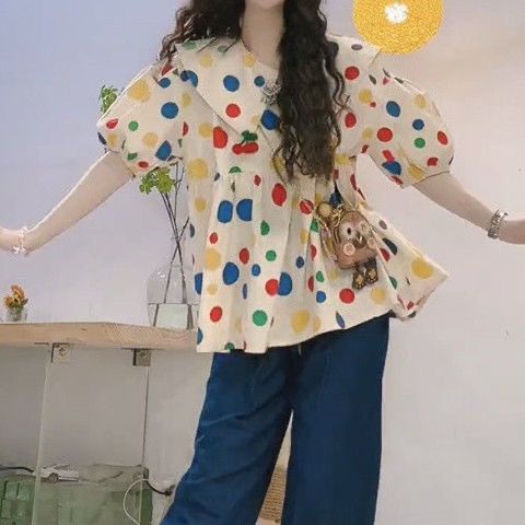 Áo Sơ Mi Tay Ngắn Cổ Búp Bê Họa Tiết Chấm Bi Thời Trang Mùa Hè Cho Nữ