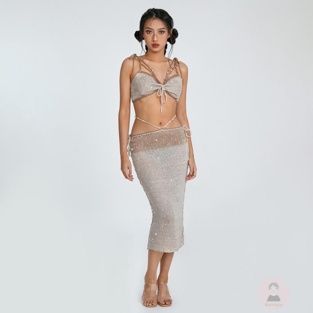 Áo Hai Dây Dệt Kim Hở Lưng Eo Thấp Đính Kim Sa Lấp Lánh Cho Nữ