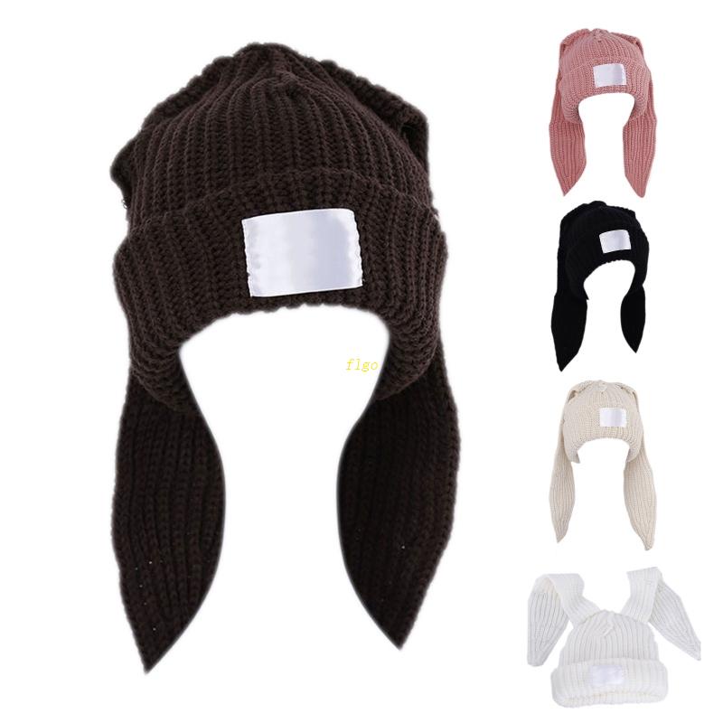Flgo Mũ Beanie Dệt Kim Đính Tai Thỏ Dài Dễ Thương