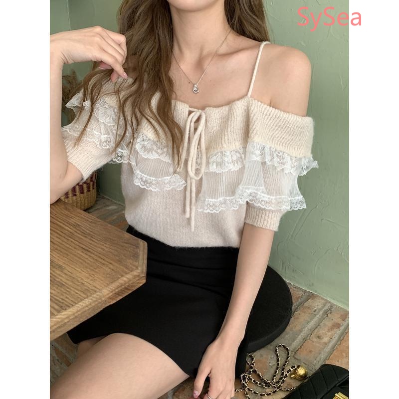 Áo Dệt Kim Trễ Vai Phối Ren Thời Trang Mùa Hè Cho Nữ