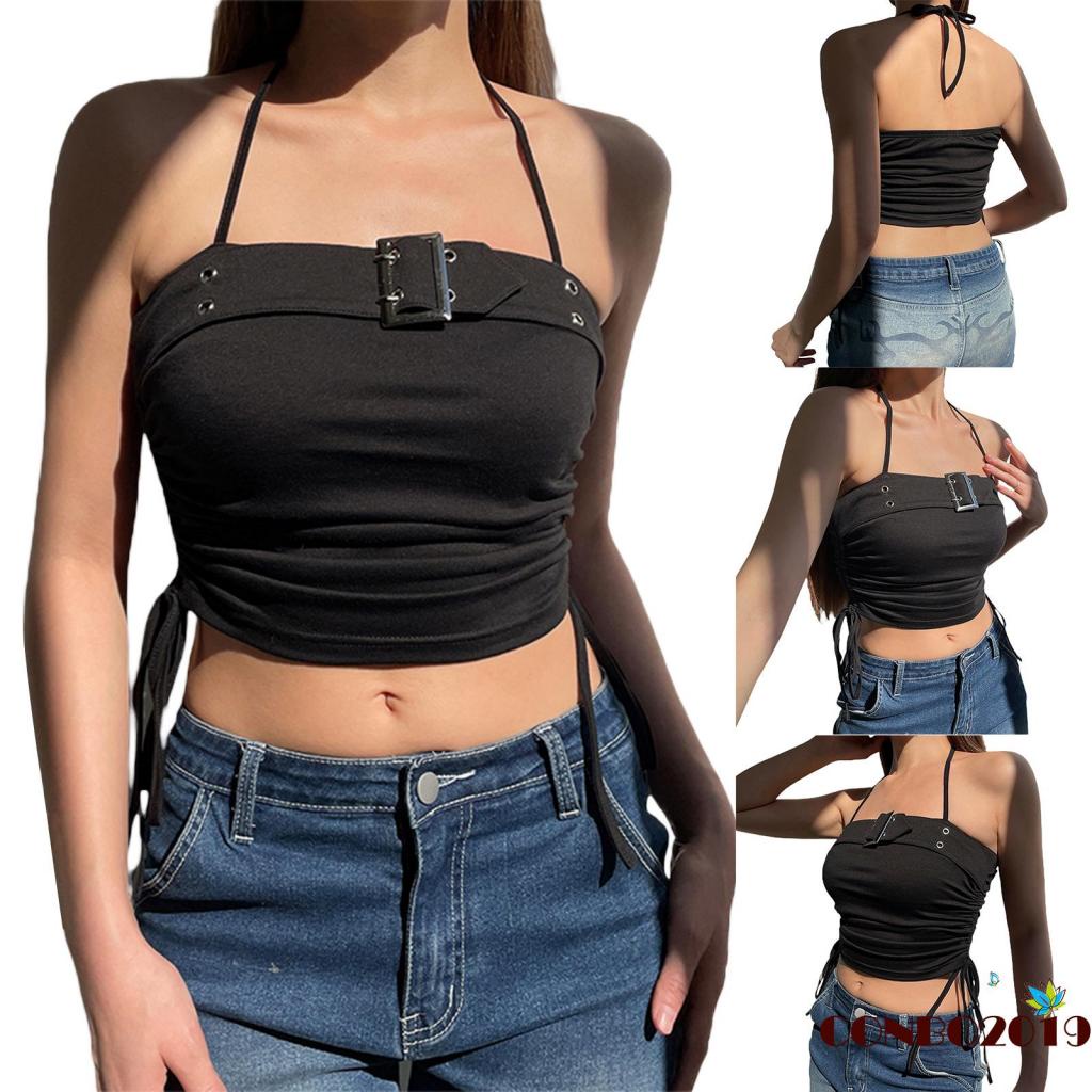 Áo Tank Top Dây Rút Màu Trơn Khóa Kim Loại Thời Trang Mùa Hè Dành Cho Nữ