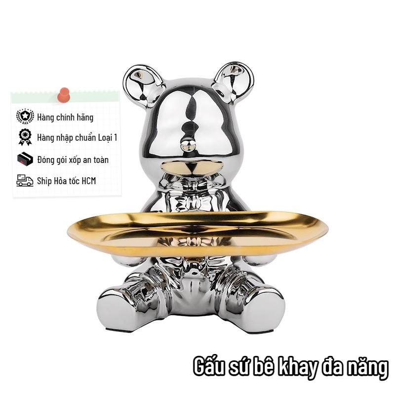 Tượng gấu bê khay ống heo đa năng Lily's DECOR HOUSE gốm sứ+ khay hợp kim vàng bạc decor nhà đựng chìa khóa làm quà tặng
