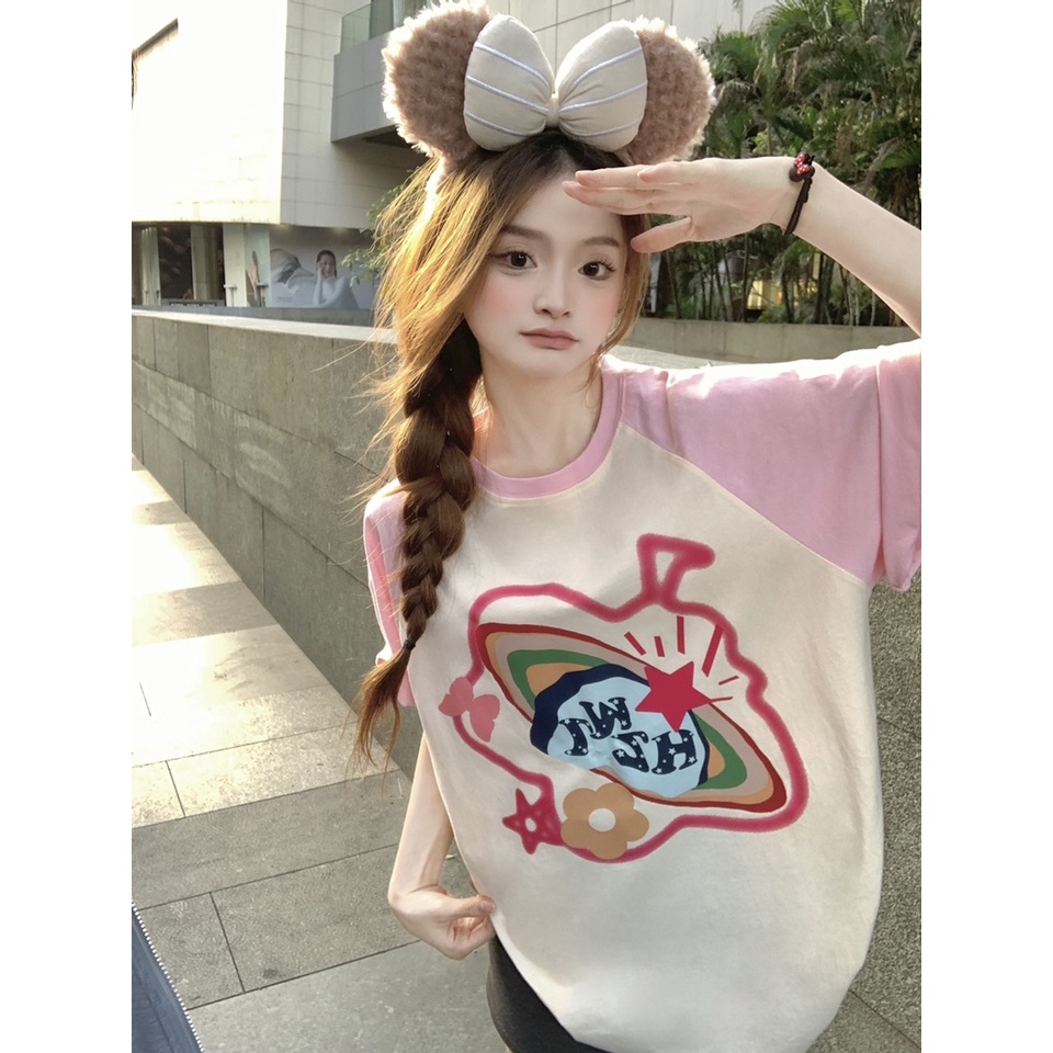 Áo Thun Tay Ngắn Dáng Rộng In Hình Hành Tinh Màu Sắc Đơn Giản Thời Trang Mùa Hè Năng Động