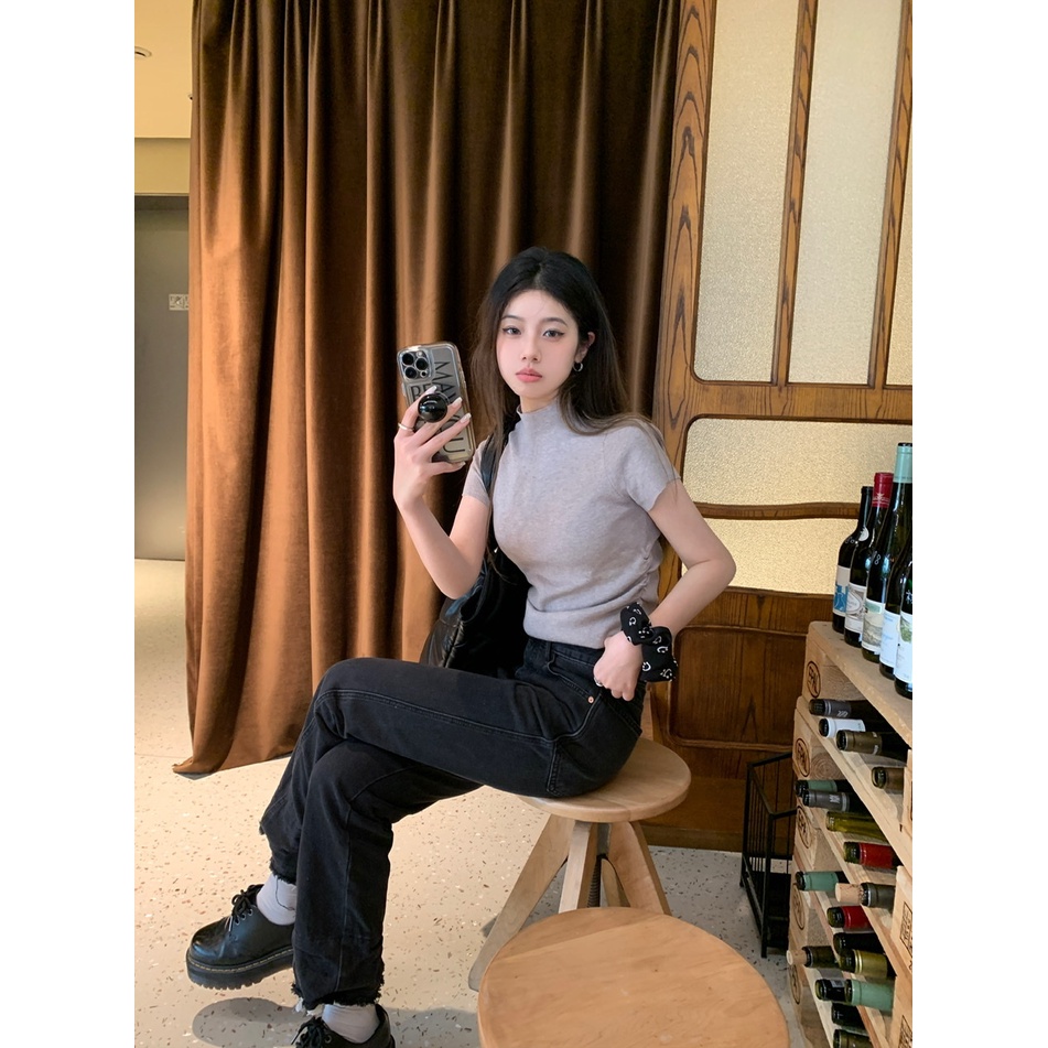 Áo Dệt Kim Tay Ngắn Cổ Cao Dáng Ôm Thời Trang Hàn Quốc Xinh Xắn Cho Nữ