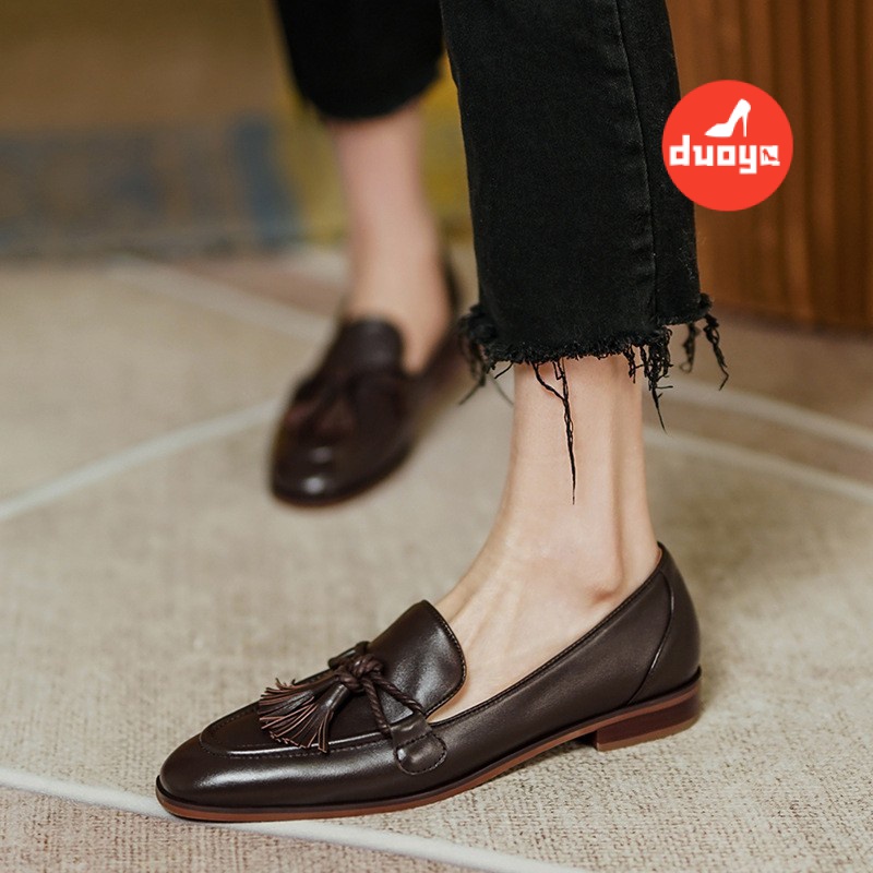 Giày Da Mũi Tròn Phối Tua Rua Phong Cách Anh Quốc Thời Trang Cho Nữ