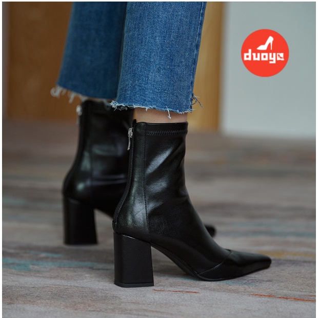 Duoya Thẳng Hàng Từ Nhà Máy ~ [Hàng Có Sẵn] Giày Bốt Cao Gót Cổ Ngắn Mỏng Màu Nâu Phong Cách Retro Thu Đông Cho Nữ