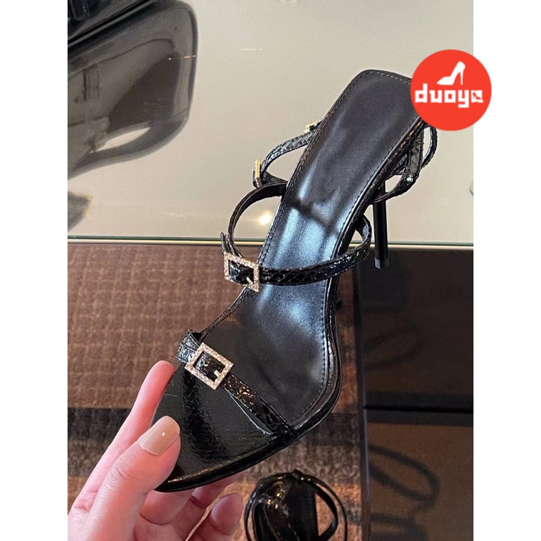 Duoya Tóc Thẳng ~  Giày Cao Gót Mũi Nhọn Phẳng Cài Khóa Màu Đen Quyến Rũ Cho Nữ Miễn Phí Vận Chuyển