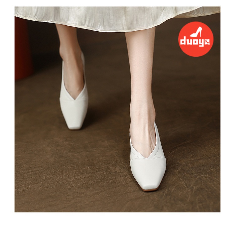 Duoya Tóc Thẳng ~ [Hàng Có Sẵn] Giày Cao Gót Mũi Vuông Nhỏ Bằng Da Thật Mềm Mại Dễ Phối Đồ Cho Nữ