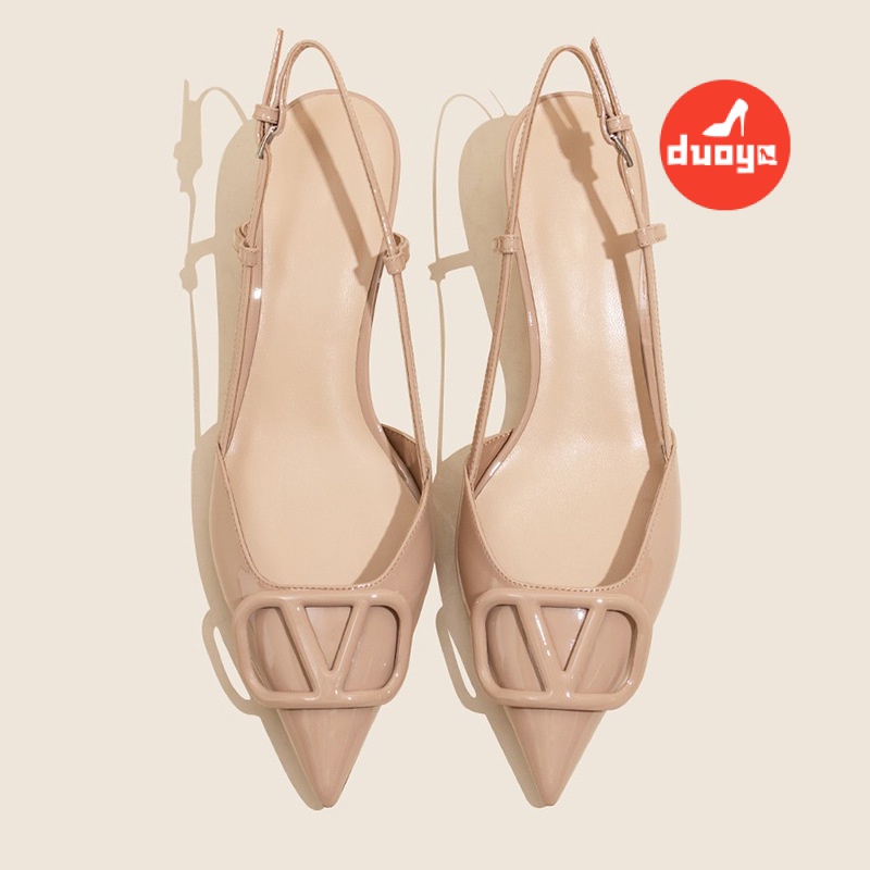 Duoya Tóc Thẳng ~ [Hàng Có Sẵn] Giày Cao Gót Da Mềm Mũi Nhọn Miệng Nông Hở Ngón Có Khóa Cài Chữ V Cho Nữ Miễn Phí Vận Chuyển