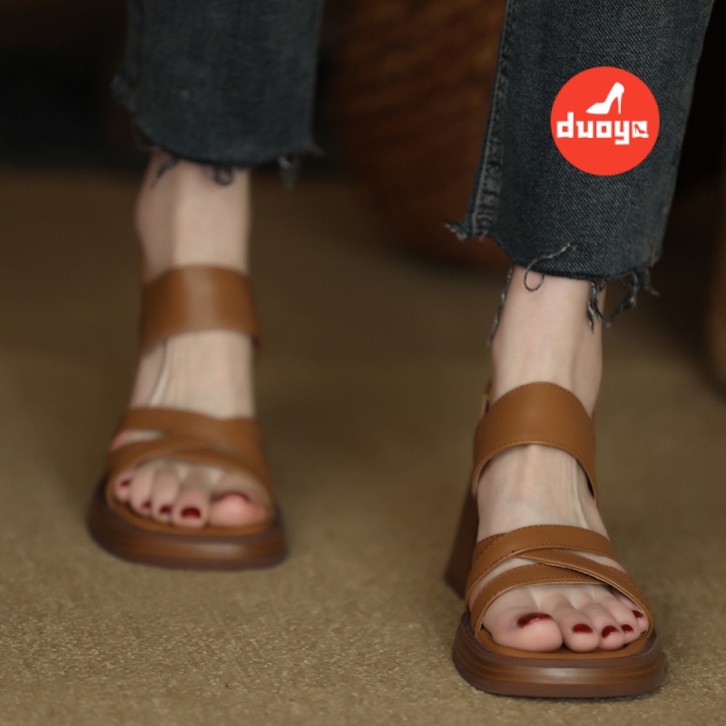 Duoya Tóc Thẳng ~ [Hàng Có Sẵn] Giày Sandal Gót Dày Hở Ngón Quai Chéo Đế Phẳng Mềm Mại Có Dây Đeo Chéo Cho Nữ Miễn Phí Vận Chuyển