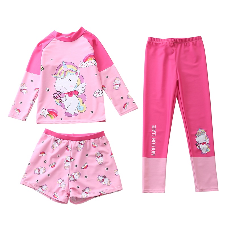Đồ bơi bé gái, tay dài quần dài chống nắng, set 3 món, chất vải mềm mại, co giãn có size cho bé từ 14kg đến 34kg