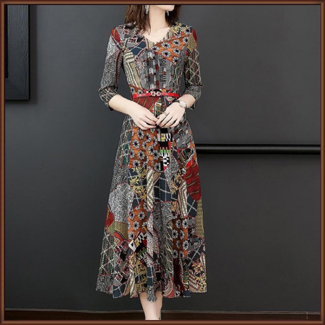 Đầm Midi Thắt Eo In Họa Tiết Thời Trang Xuân Hè Cho Nữ
