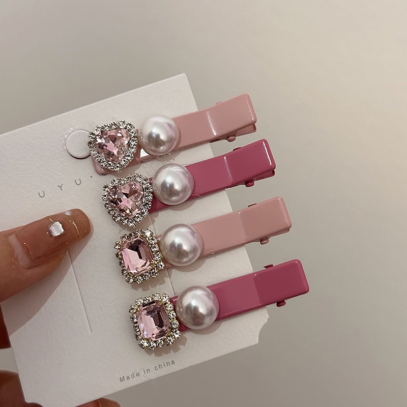 Kẹp Tóc Mỏ Vịt Phẳng Đính Kim Cương &amp; Ngọc Trai Màu Hồng Phong Cách Hàn Quốc Cho Nữ