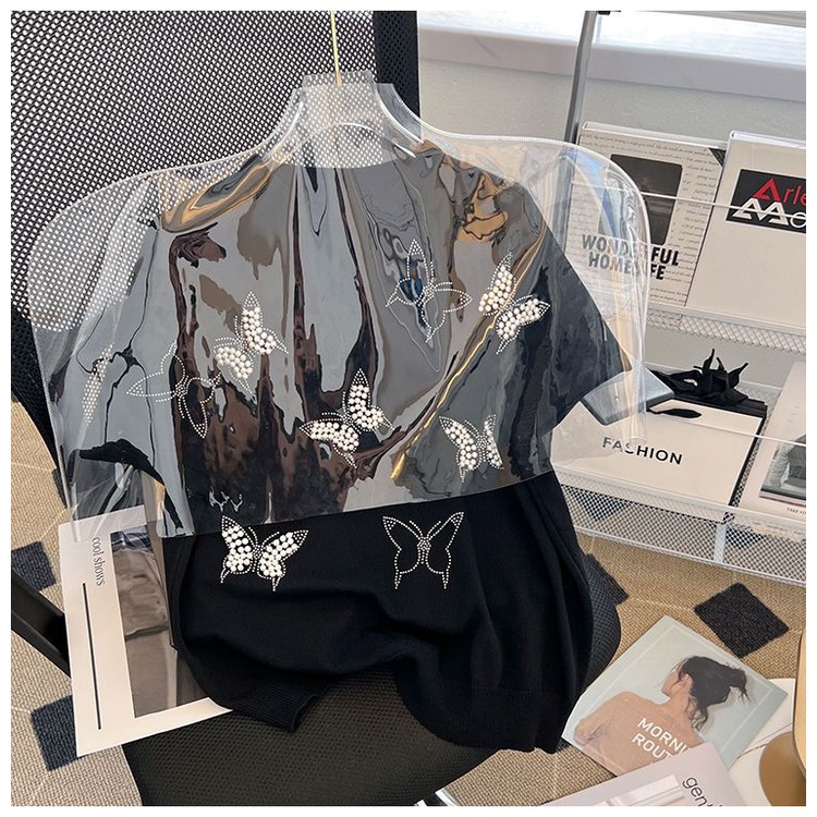 Áo Thun Dệt Kim Tay Ngắn In Hình Bướm Đính Hạt Thời Trang Mùa Hè Cho Nữ