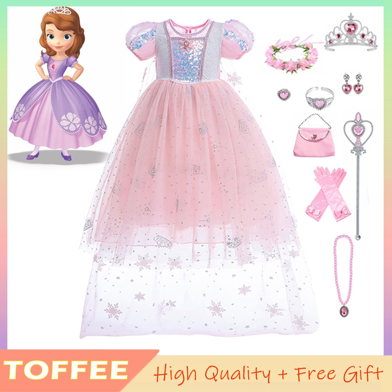 Bộ Trang Phục Hóa Trang Công Chúa Sophia Rapunzel Phối Lưới Đính Kim Sa Màu Hồng Dành Cho Bé Gái