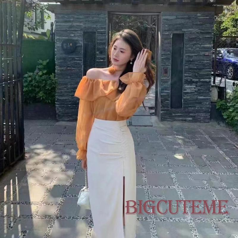 Set Áo Trễ Vai Xuyên Thấu Dài Tay + Vòng Cổ Hoa Thời Trang Dành Cho Nữ